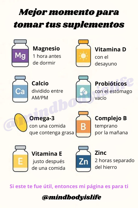 MindBodyIsLife's tweet photo. El mejor momento para tomar tus suplementos

1. Magnesio- 1 hora antes de acostarse.

2. Vitamina D- con tu desayuno.

3. Calcio: Dividido entre AM/PM.

4. Probióticos- En ayunas.

5. Omega 3- con comida que contiene grasas.

6. Complejo B- temprano en la mañana.

7. Vitamina E-justo después de la comida.

8.Zinc- A 2 horas del hierro.

Guarde esto para más tarde.