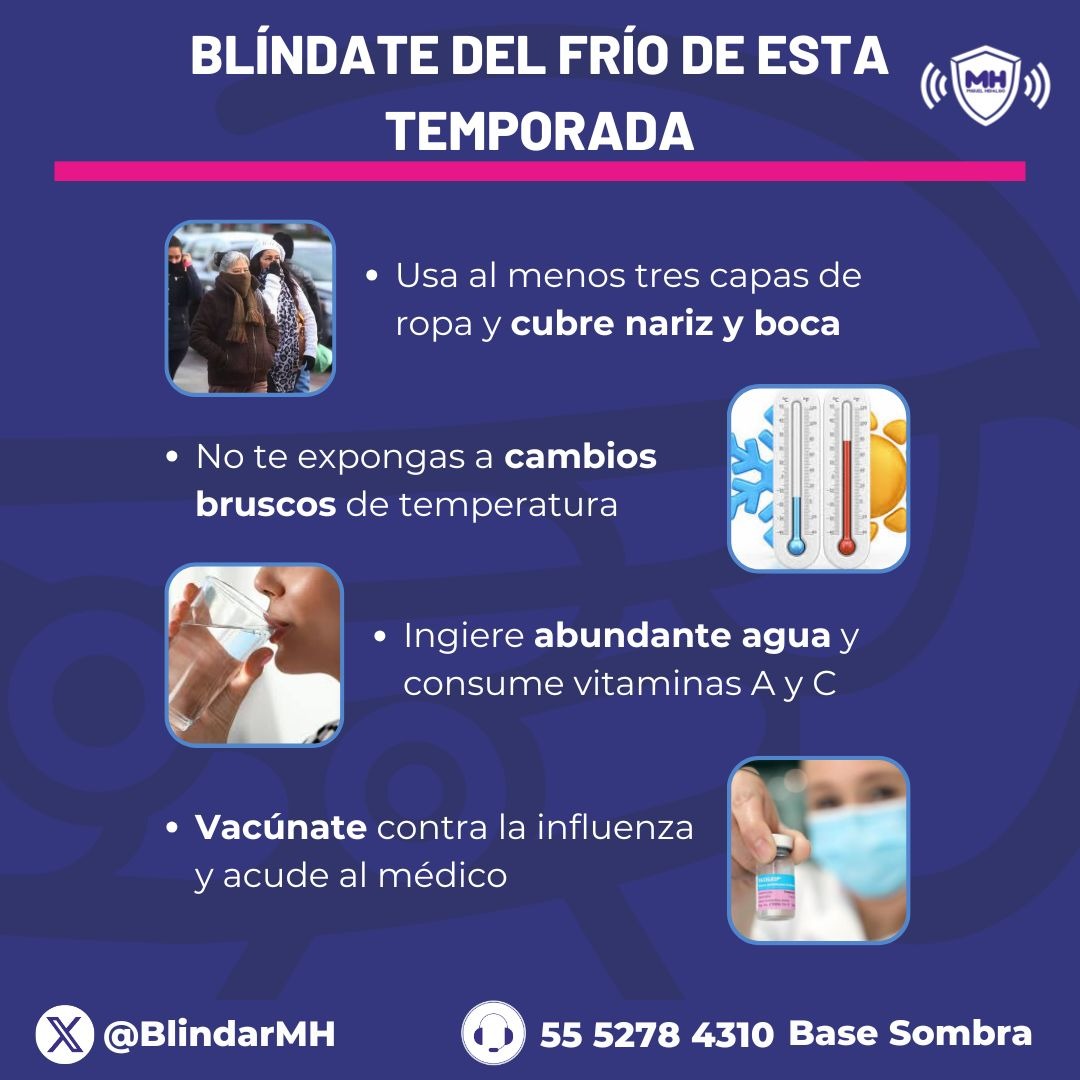 Vecino la temporada de frío ya comenzó, cuida tu salud y la de los demás abrigándote bien, no exponiéndote a cambios bruscos de temperatura, consume alimentos ricos en vitamina A y C e ingiere abundante agua. ❄️😷
#BlindarMH 🛡️
