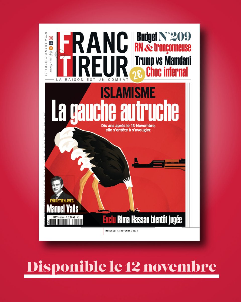 🔔🗞️ À la Une cette semaine dans Franc-Tireur n°209

👉 Presse paresse : le franc-parler de <a href="/CarolineFourest/">Caroline Fourest</a>  
👉 Dix ans après les attentats du 13 novembre, Manuel Valls se confie
👉 Exclu FT : Rima Hassan bientôt jugée