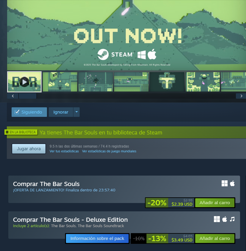 Last day of The Bar Souls launch sale! Don’t miss your chance to grab it with 20% off! 🔥🔥🔥
store.steampowered.com/app/4039940/Th…