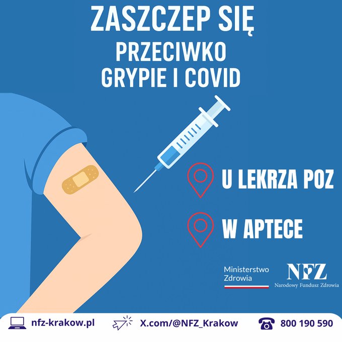 Twoje zdrowie to najlepsza inwestycja 💪

💉 Zrób to dla siebie i innych - zaszczep się przeciwko #COVID19 i #grypa.

📍Szczepienia są dostępne w aptekach i u lekarza #POZ!

Umów się:
✅ przez #IKP,
✅ bezpośrednio w przychodni lub aptece.

<a href="/NFZ_GOV_PL/">Narodowy Fundusz Zdrowia</a>, <a href="/OIAwKrakowie/">Okręgowa Izba Aptekarska w Krakowie</a>