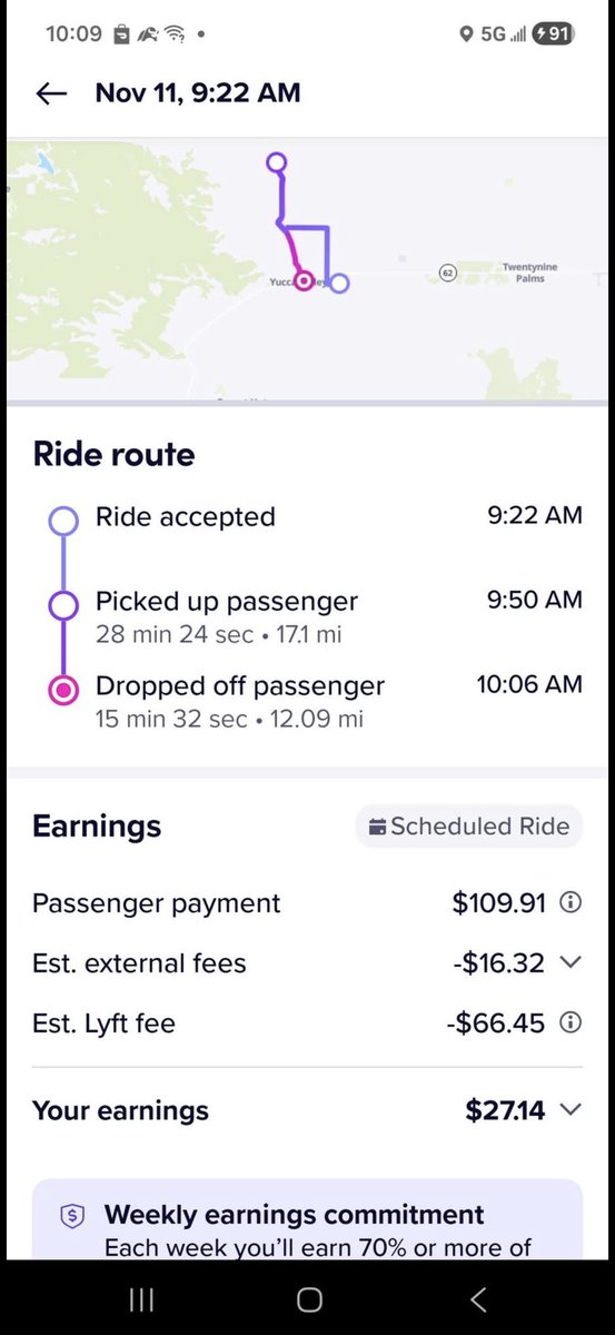 LifeOfBuddah's tweet photo. Since David Risher blocked me on X, I can’t show him this ride:
Passenger paid $109.91.
Lyft took $82.77.
Driver earned $27.14.
Lyft says drivers get 70% after fees.
If this is 70%, then math must be different in Silicon Valley.
#Lyft #Rideshare #DriverPay https://t.co/T7CjOVmCm5