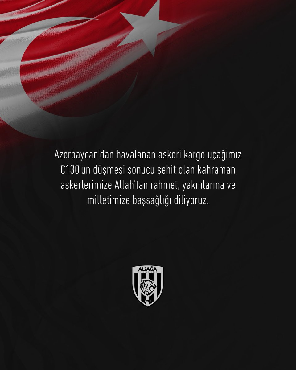 Azerbaycan'dan havalanan askeri kargo uçağımız C130'un düşmesi sonucu şehit olan kahraman askerlerimize Allah'tan rahmet, yakınlarına ve milletimize başsağlığı diliyoruz.