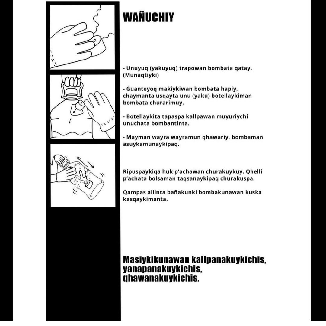Imaynataq wiq'ichiq t'uqyanata wañuchikun? Kamachinakuna qhichwasimipi kaypi.  Manual para desactivar bombas lacrimógenas en quechua. Porque es importante organizarse y resistir.