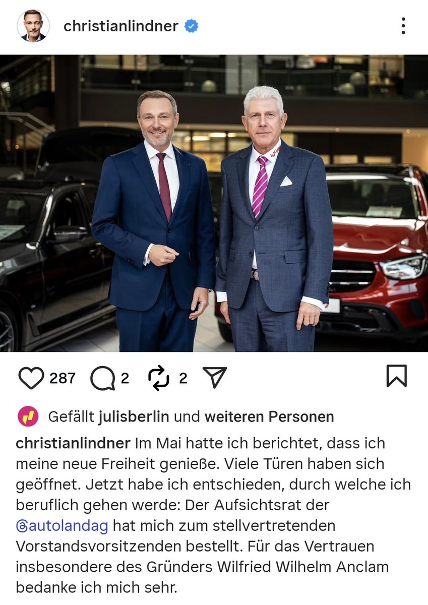 Christian Lindner wechselt - welch Überraschung - in die Automobilwirtschaft.