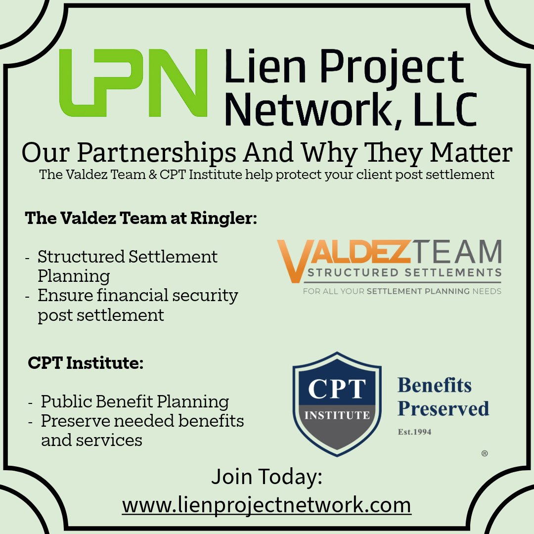 LienProjectNet's tweet image. Our partnerships support long-term client stability.

The Valdez Team at Ringler, structured settlements

CPT Institute, public benefit planning

Learn more at lienprojectnetwork.com
#LienResolution #StructuredSettlements #PublicBenefits
@TheValdezTeam @CPT_Institute