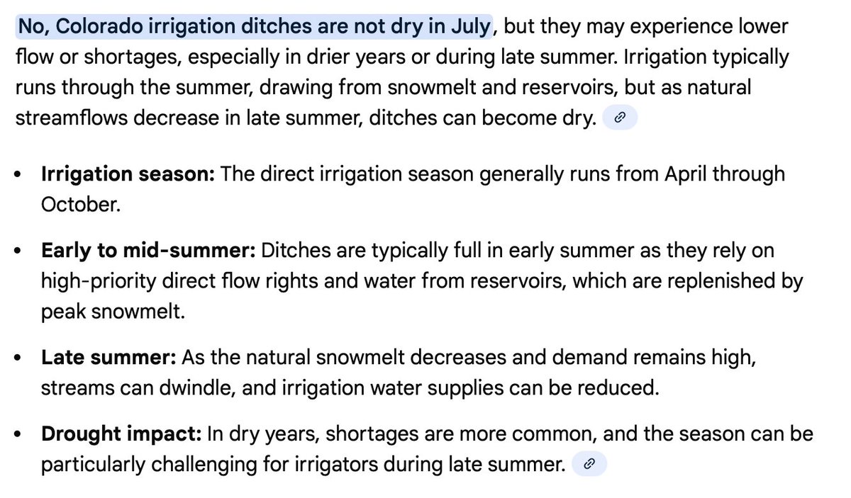 Lauren Boebert’s twitter profile says  she wants to “DRAIN THE SWAMP drier than a CO irrigation ditch in July." That seemed odd to me since summer is the growing season for crops like cantaloupe. So I asked Google if the ditches are dry in July – they are not. Classic Boebert!