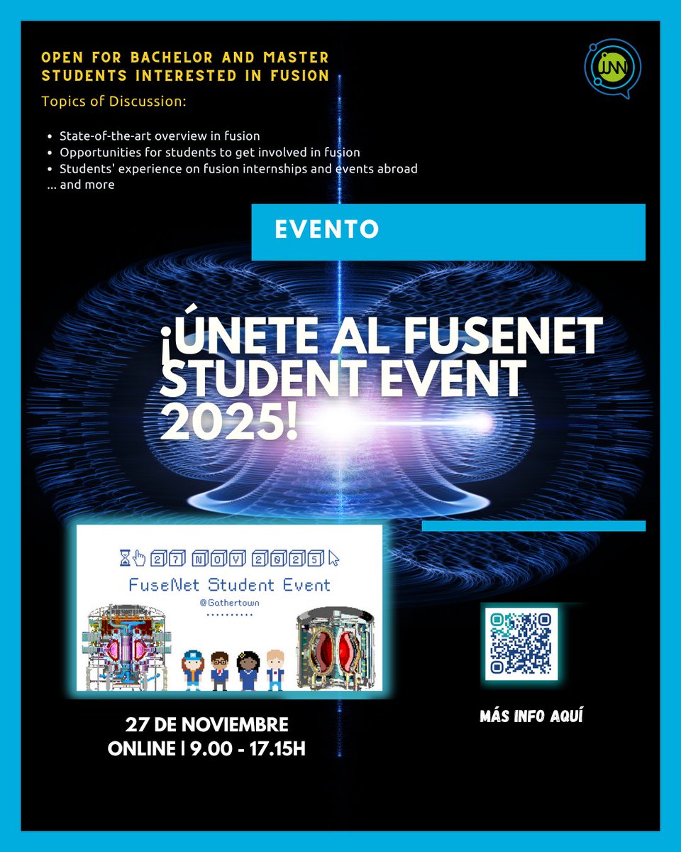 ⚡️¿Te interesa el mundo de la fusión nuclear?

El 27 de noviembre, <a href="/FuseNet_eu/">FuseNet</a> celebra el #FuseNetStudentEvent 🌐 — un encuentro online para estudiantes de grado y máster interesados en #FusionEnergy.

🔬 Aprende
💡 Conecta
🌍 Inspírate