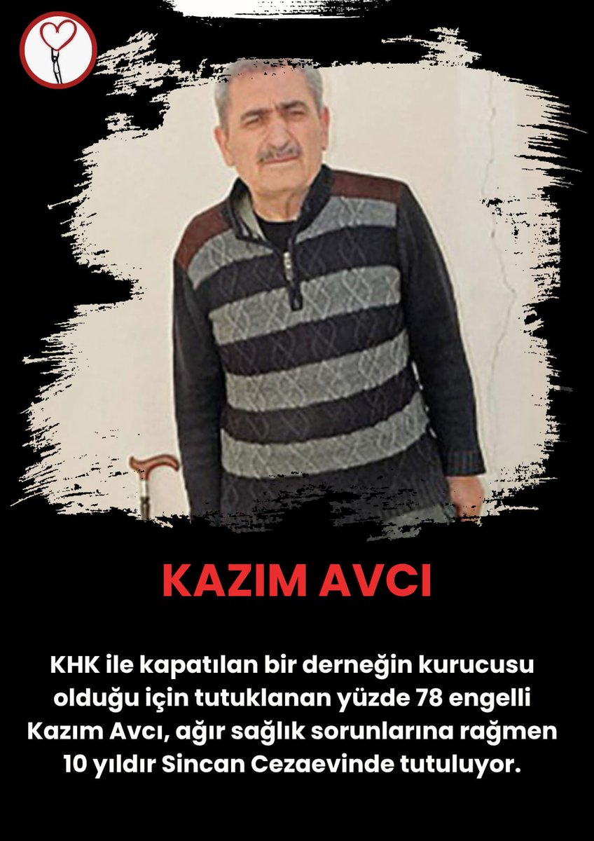 Yasar5112's tweet photo. Cezaevinde kalp krizi geçiren aynı zamanda %78 engelli olan KHK'lı Kazım Avcı(69), 10 yıldır tutuklu. Bel fıtığı ve böbrek rahatsızlığı da olan Avcı, çocukken trenin altında kalmış sol bacağı kalçadan kesik boynundan kemerle asılan bir protez kullanıyor
TutsakHastalara Özgürlük https://t.co/KdRAtItNBG