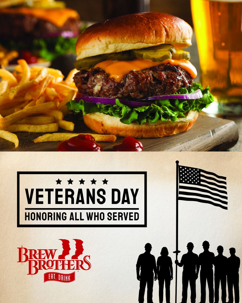 Today and every day, we honor those who served.
Veterans, enjoy a free burger &amp; soda with your military ID at Brew Brothers.
Thank you for your service! ❤️🤍💙

#VeteransDay #BrewBrothers

Must be 21 or older. Gambling problem? Call or text 1-800-GAMBLER.