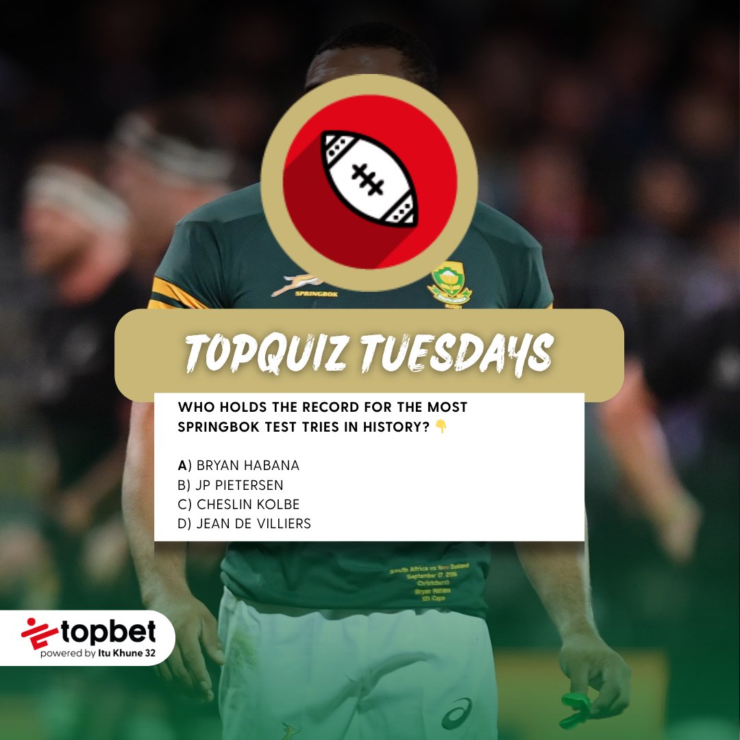 Think you know your Springbok legends? 🏉🇿🇦
Who holds the record for the most Springbok test tries in history? 👇

A) Bryan Habana
B) JP Pietersen
C) Cheslin Kolbe
D) Jean de Villiers

💬 Drop your answer below &amp; stand a chance to WIN a R50 Topbet Voucher! 🎉

#TopQuizTuesday