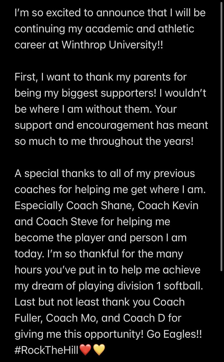 Next 4!!! 🦅❤️💛#Committed 
<a href="/Winthropsoftbal/">Winthrop Softball</a> <a href="/CoachFuller7/">Coach Fuller</a> <a href="/CoachMoWyatt/">Morgan Wyatt</a> <a href="/peytondarnell11/">peyton darnell</a> <a href="/TeamNC09Summer/">Team North Carolina (Summer)</a> <a href="/TeamNCSoftball/">Team North Carolina Softball</a>