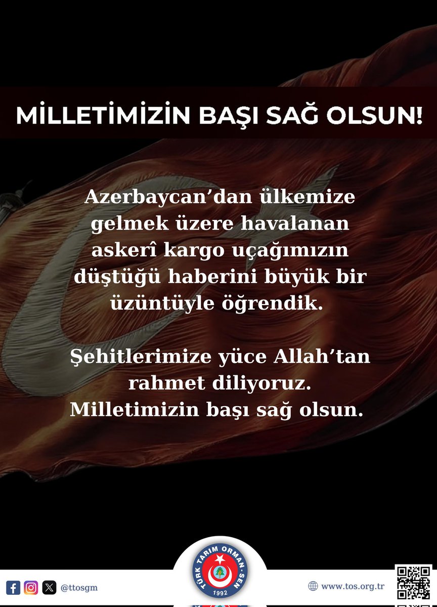 MİLLETİMİZİN BAŞI SAĞOLSUN

Azerbaycan’dan ülkemize gelmek üzere havalanan askerî kargo uçağımızın düştüğü haberini büyük bir üzüntüyle öğrendik. 

Şehitlerimize yüce Allah’tan rahmet diliyoruz.
Aziz ruhları şad olsun.