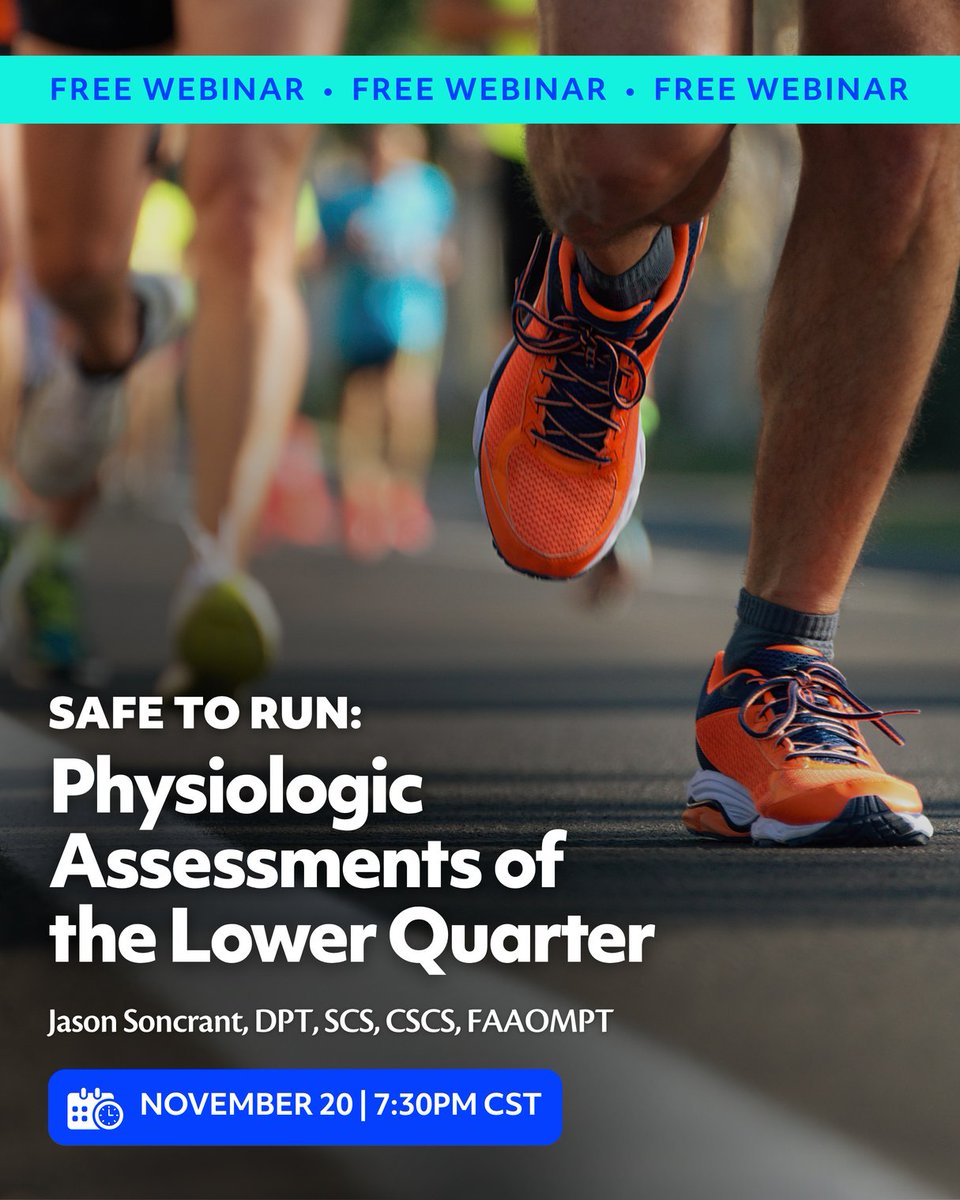 🏃‍♀️ Is it safe to run? Learn how to find out! Join Jason Soncrant, DPT, SCS, CSCS, FAAOMPT, for our free webinar, Safe to Run: Physiologic Assessments of the Lower Quarter on November 20 @ 7:30PM EST.

Register here: bit.ly/3X7DF6v