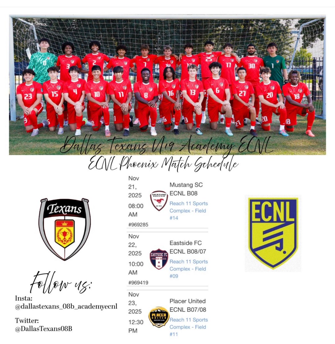 ECNL Phoenix WE are coming for you! 
<a href="/DallasTexans08B/">Dallas Texans 08B Academy ECNL</a> 
<a href="/DTexansSC/">Dallas Texans Soccer Club</a> 
<a href="/TheDallasTexans/">Dallas Texans</a> 
<a href="/ECNLboys/">ECNL Boys</a>