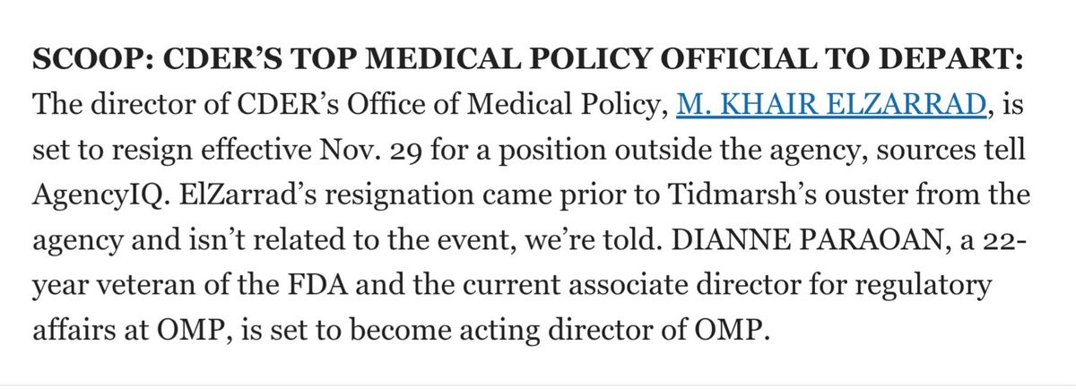 A small scoop from today's edition of my FDA Today newsletter: The top medical policy official at FDA's drug division, M. Khair ElZarrad, is stepping down later this month. 

Another tough loss for an already battered CDER.
