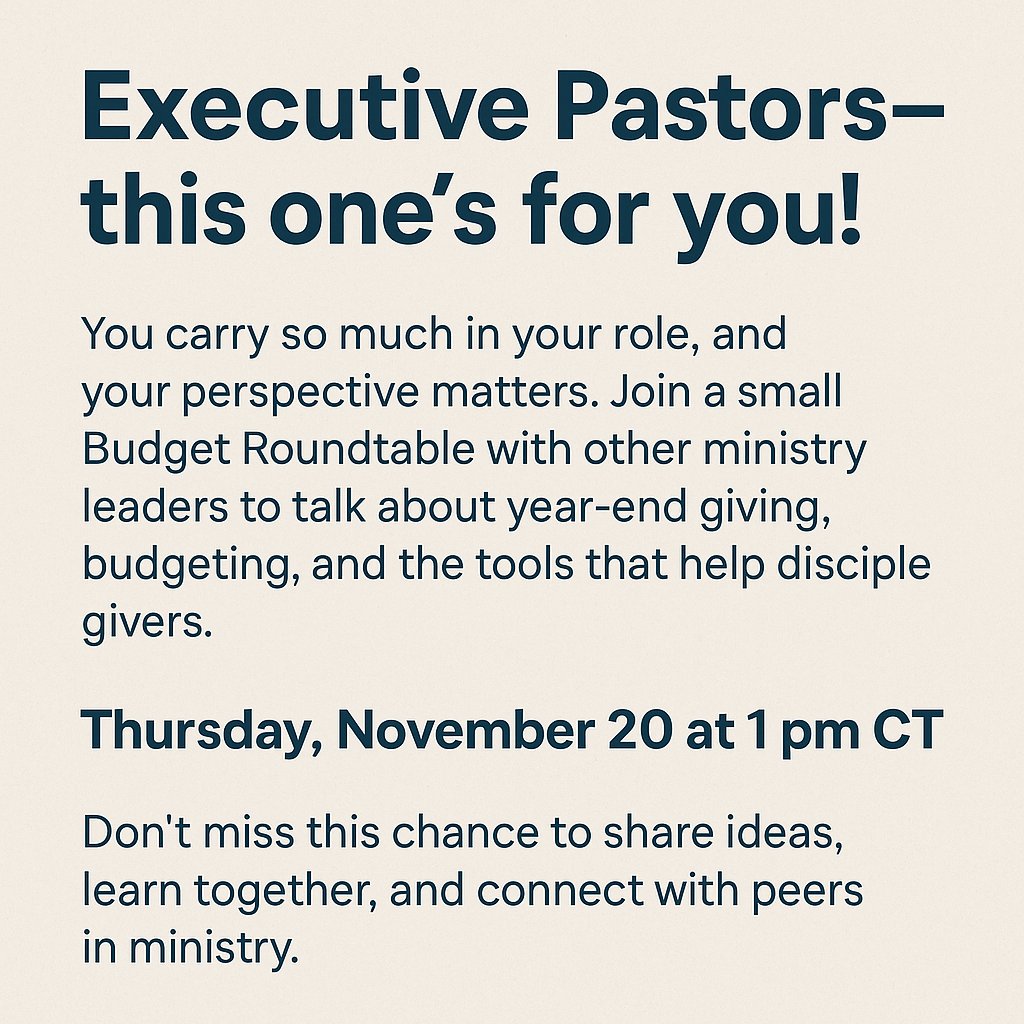 MortarStone's tweet photo. 👥 Executive Pastors—this one’s for you!

Join a small Budget Roundtable with other ministry leaders to talk about year-end giving, budgeting, and the tools that help disciple givers.

Thursday, November 20 at 1 pm CT

Register today! https://t.co/6kkn0yJran https://t.co/sMUCAjgMz3