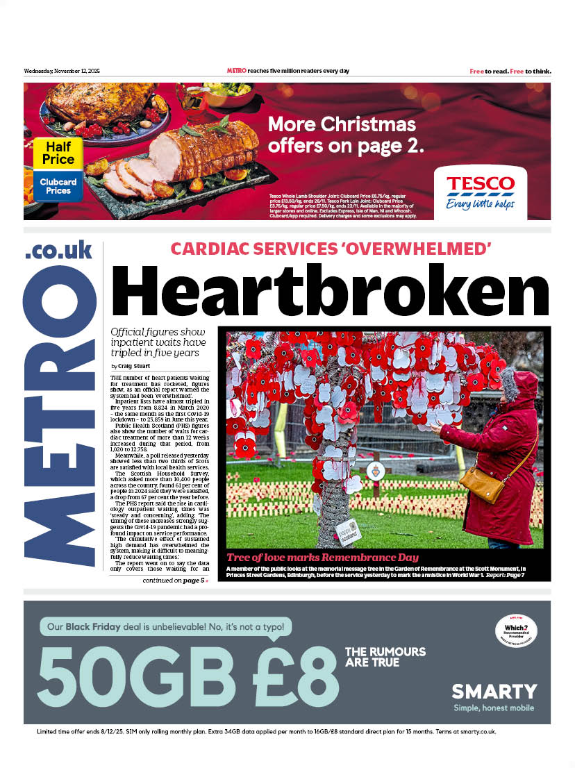 MetroScotland's tweet image. Wednesday&apos;s front page                                            

Heartbroken                                

🔴Cardiac services ‘overwhelmed’  
🔴Official figures show inpatient waits have tripled in five years

#scotpapers #skypapers #bbcpapers