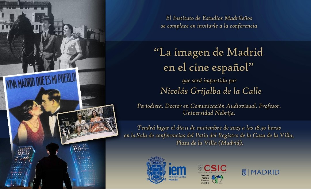 Hoy, a las 18:30h, <a href="/NicoGrijalba/">Nico Grijalba</a> nos hablará de La imagen de Madrid en el cine español.
Presencial y en nuestro canal de Youtube: 
youtube.com/@institutodees…