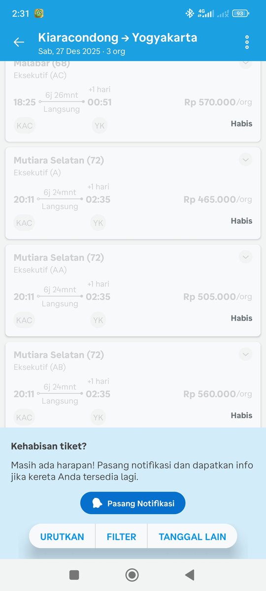 EarthGrooves's tweet photo. @KAI121 Harga tiket jaman now..... Yg habis aja udah segini harga nya luar biasa https://t.co/Qnwws4j0wa