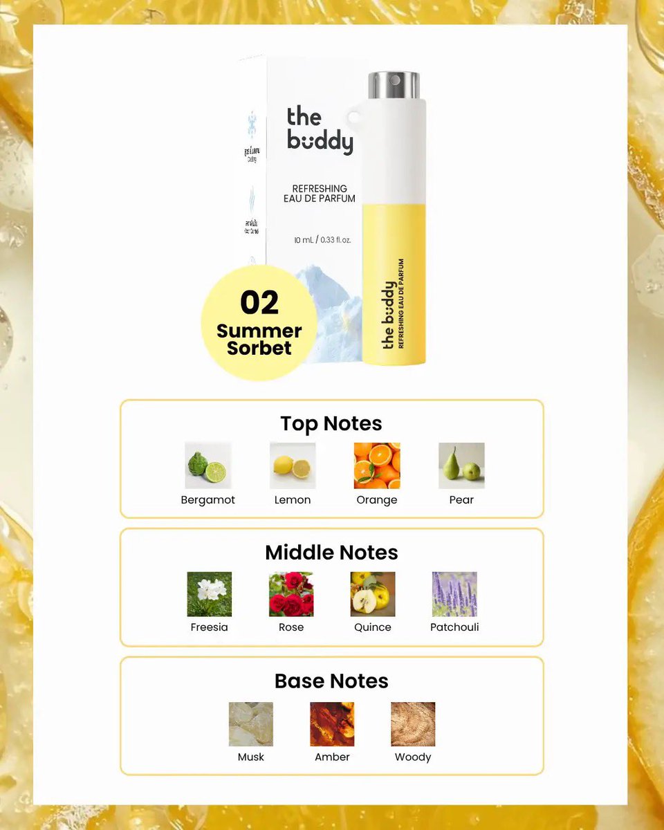 TheBuddyPatchTH's tweet photo. 🍋 กลิ่น 02 Summer Sorbet - สดใส หวานซ่อนเปรี้ยว และเต็มไปด้วยพลังบวก เหมือนกลิ่นของแสงแดดกระทบผิวในฤดูร้อน 

กลิ่นแนว Fruity หอมสดชื่น ไม่หวานเลี่ยน

🔗 https://t.co/sulj0mnjzl https://t.co/39gTpzxL3R