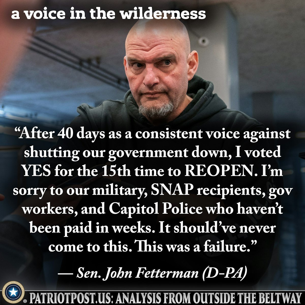 MozartsTrump's tweet image. Sen John Fetterman (D-PA) joted "YES" against the #SchumerShutdown 15 times. If you haven't done so yet, reach across the aisle and show this American some love. 😄🇺🇸