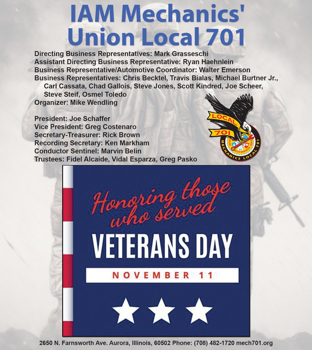 This #VeteransDay, the Aurora-based <a href="/MechLocal701/">IAMAW Local 701</a> honors the service of our Veterans and the values they carried home: teamwork, honor, and perseverance.
#UnionStrong #Solidarity #LaborNews