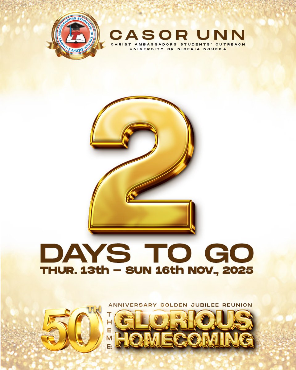 casorunn's tweet photo. 2 Days to Go!!!

The wait is almost over, the glory, the joy, the fellowship!

In two days, we gather at the Den as we give thanks to God.

Let the countdown echo through every heart.

#GloriousHomecoming #CASORUNN50 #CASOR50Reunion #CASORUNN https://t.co/8ZuMbc2BEg