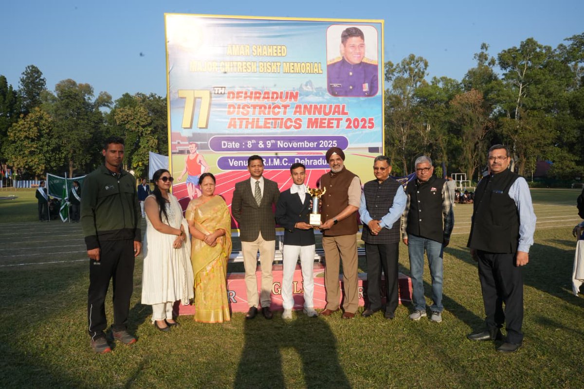 PRODefDehradun's tweet photo. #CONGRATULATIONS

#RIMC Cadets put up an outstanding performance at the Major Chitresh Bish Memorial 77th District Athletics Competition. 24 schools from across the district participated in the event. The College emerged #OverallChampions in the Boys’ section, securing #1st position in both U-16 and U-18 categories as well as in the March Past. Cadet Albert was adjudged Best Athlete (U-16) with triple Golds in the 60 m, 100 m, and Long Jump.
RIMC cadets dominated the track and field events, winning the district level championship trophies. 
The Headmaster of #TheDoonSchool presented the awards to the winners.
The team performance in the event reaffirms RIMCs stature as the cradle of leadership and sporting excellence.