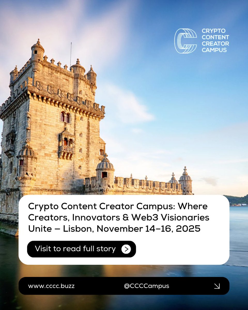 shaown664's tweet image. Lisbon is calling! 🇵🇹

The Crypto Content Creator Campus is uniting creators and innovators in Lisbon from Nov 14-16.

If you&apos;re in Web3, this looks like the perfect place to connect.🤝

​#CCCCLisbon2025 #Web3Visionaries #LisbonEvents #CCCC2025