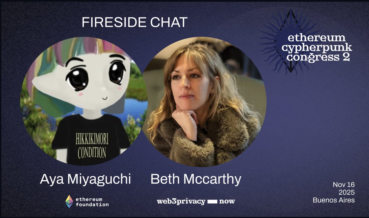 A very special fireside @ Ethereum Cypherpunk Congress: @ethereumfndn  president @AyaMiyagotchi @web3privacy program director @ontologymachine  Expect visionary takes on decentralisation, state of @ethereum privacy,  Bhutan & other real-world cases. https ...