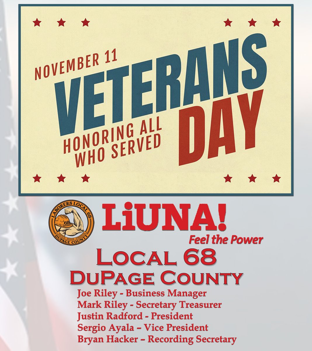Today, the DuPage-based <a href="/LIUNA/">LIUNA</a> Local 68 stands united in gratitude for all who served and for those who continue to serve through Union work that builds America.
#VeteransDay #UnionStrong #Solidarity #LaborNews