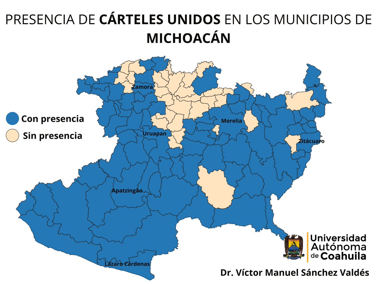 victorsanval's tweet photo. En Michoacán operan 17 organizaciones criminales, ninguno de los 113 municipios está libre de las mismas. Les comparto unos mapas de mi artículo de hoy en @Pajaropolitico, donde el CJNG está presente en 110 municipios y la alianza de Cárteles Unidos en 81. https://t.co/hadVFM6W0T