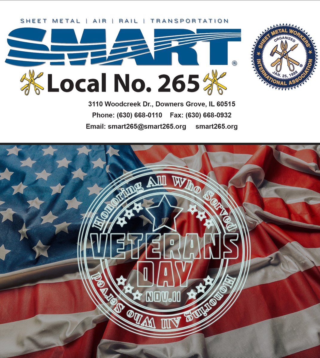 Veterans remind us every day what service and sacrifice truly mean. This #VeteransDay, the members and staff of the Downers Grove-based <a href="/smartunionworks/">SMART Union</a> Local 265 thanks them for their commitment to country and community.
#UnionStrong #Solidarity #LaborNews