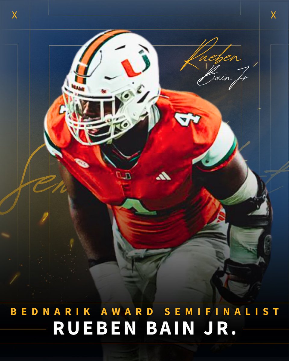 🏈 <a href="/CanesFootball/">Miami Hurricanes Football</a> ‘s <a href="/ruebenbainjr/">Rueben “Hurricane” Bain Jr.</a> has been named a #BednarikAward semifinalist! 🏆

#MaxwellFootball🏆