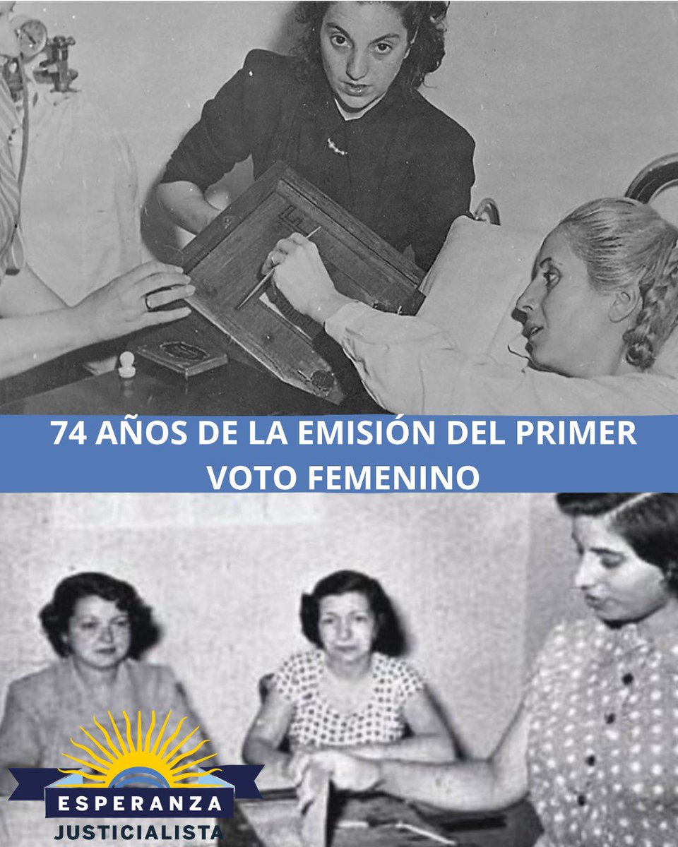 esperanzabsso's tweet photo. 🗓 11 DE NOVIEMBRE. 

➡️Un día como hoy de 1951 las mujeres ♀️ votaron por primera vez, tras años de lucha, la voluntad y dedicación de Evita determinaron que ese derecho sea una realidad. 

🗳Fue una elección Nacional, la formula Peron - Quijano obtuvo el 62 % de los votos. https://t.co/76XiwZFeVa