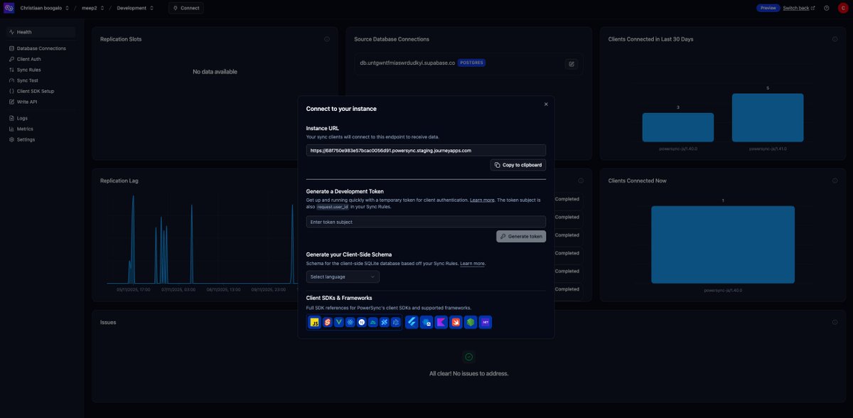 Chriztiaan_dev's tweet image. Over the last 3 months we have been cooking on a new dashboard, iterating on the UX and allowing us to dogfood the PowerSync SDK in our own product. And today we&apos;re launching!
A lot of UI in a very short time.

Techstack: PowerSync SDK, React, Tanstack Query/Router, Shadcn