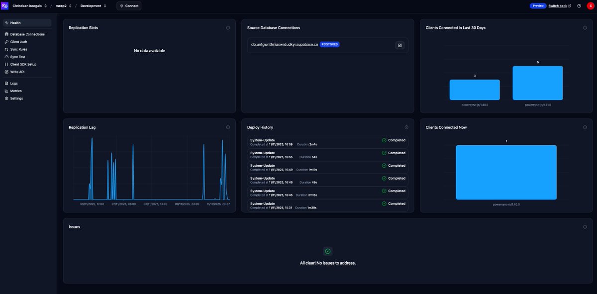 Chriztiaan_dev's tweet image. Over the last 3 months we have been cooking on a new dashboard, iterating on the UX and allowing us to dogfood the PowerSync SDK in our own product. And today we&apos;re launching!
A lot of UI in a very short time.

Techstack: PowerSync SDK, React, Tanstack Query/Router, Shadcn