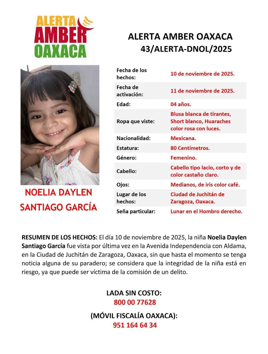🚨 ¡Alerta AMBER activada en #Oaxaca! 🚨

Se busca a Noelia Daylen Santiago García, de 4 años, vista por última vez el 10 de noviembre en la av. Independencia esquina Aldama, en Juchitán de Zaragoza.

📞 Si tienes información, comunícate al 800 00 77628 o 951 164 64 34.