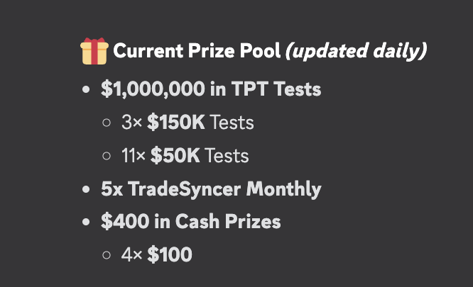 5× <a href="/Tradesyncer/">Tradesyncer</a> Monthly Passes just added to the Wise Mega Raffle — TakeProfitTrader Exclusive!

That’s on top of $1,000,000+ in TPT Tests and $400 cash prizes, with the pool still growing daily until November 15.

To enter:
- Buy any TPT Test using our code
- Submit your proof