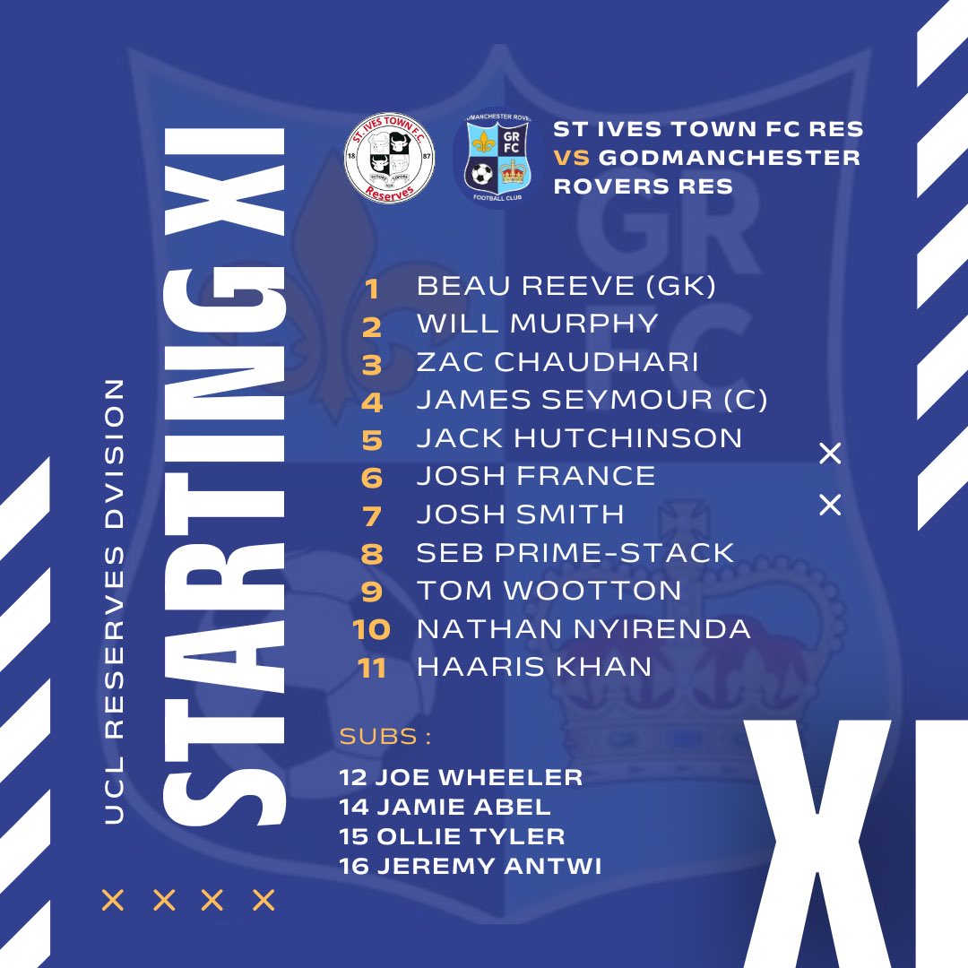 The starting XI for tonight’s quarter final now being played at St Ives Town FC, 7.45pm KO. 

Apologies for the change of location, hope to still see you supporters there! Come on Goddy🔵⚪️
