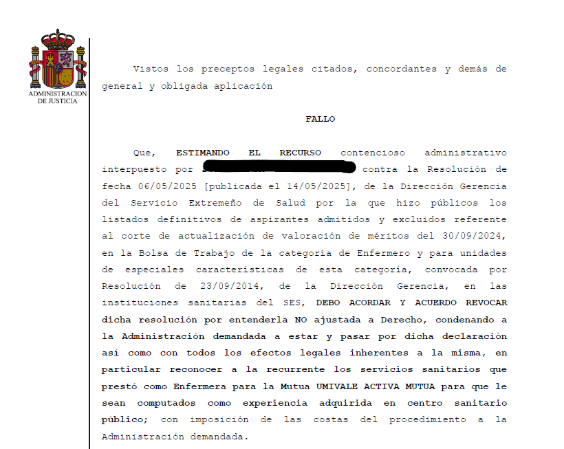 ⚖️Sentencia del JCA núm. 1 de Badajoz, de fecha 11/11/2025. Condena al #SES a computar en #Bolsa de #Trabajo, como experiencia adquirida en #centro #sanitario #público, el trabajo de #Enfermera en #Mutua.