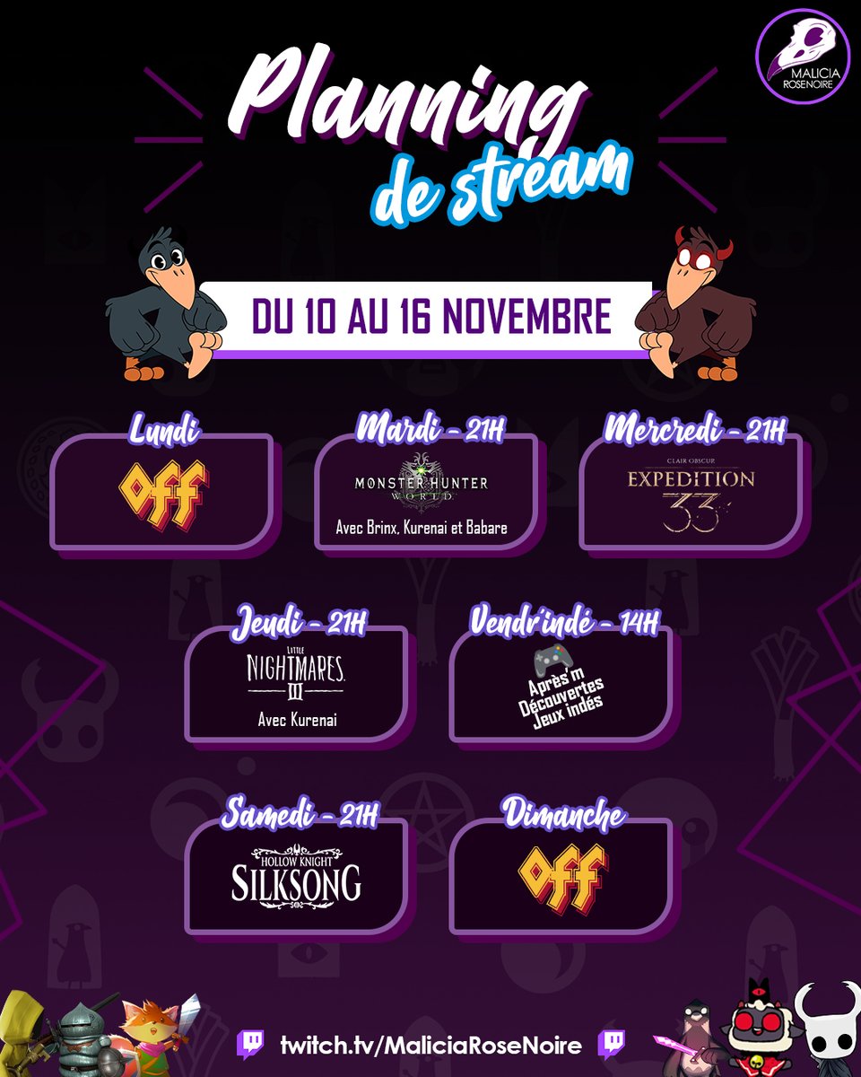 MaliciaRoseNoir's tweet image. ✨Le nouveau planning est là 📆 :

💤 Lun : OFF
🐉 Mar 21h : #MonsterHunterWorld
✨ Mer 21h : #ClairObscurExpedition33
💀 Jeu 21h : #LittleNightmares3 avec
@kurenaisoler
🎮 Ven 14h : Après'm jeux indés
🧵 Sam 21h : #Silksong
💤 Dim : OFF (ou un jeu à 21h si je suis motivée)

🤘💕