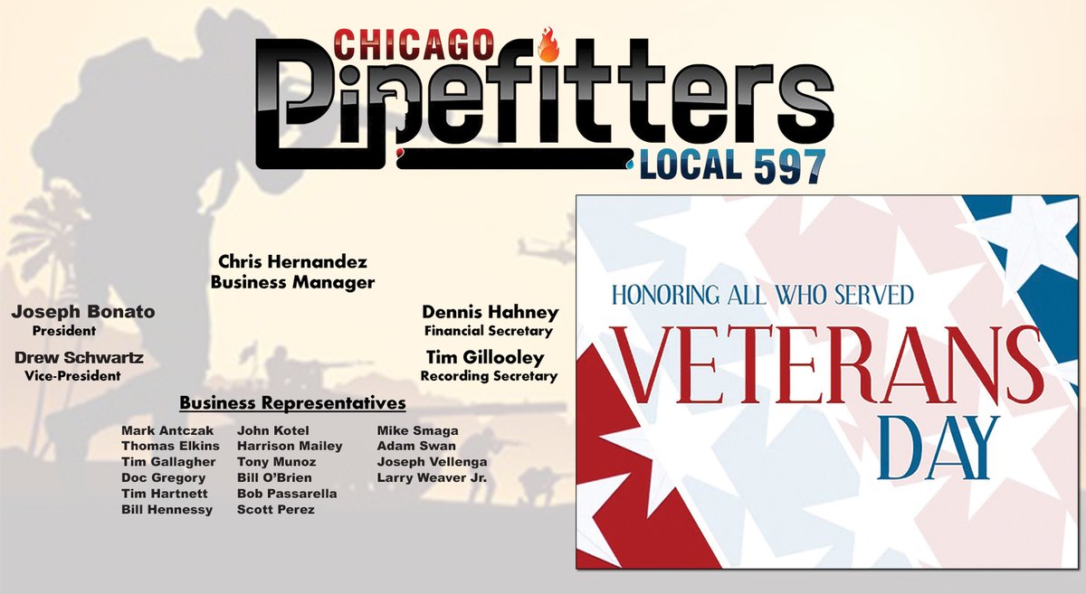 The freedoms we enjoy are defended by brave men and women who never gave up. The Chicago-based <a href="/UAPipeTrades/">United Association</a> Pipefitters Local 597 honor them this #VeteransDay and always.
#UnionStrong #Solidarity #LaborNews