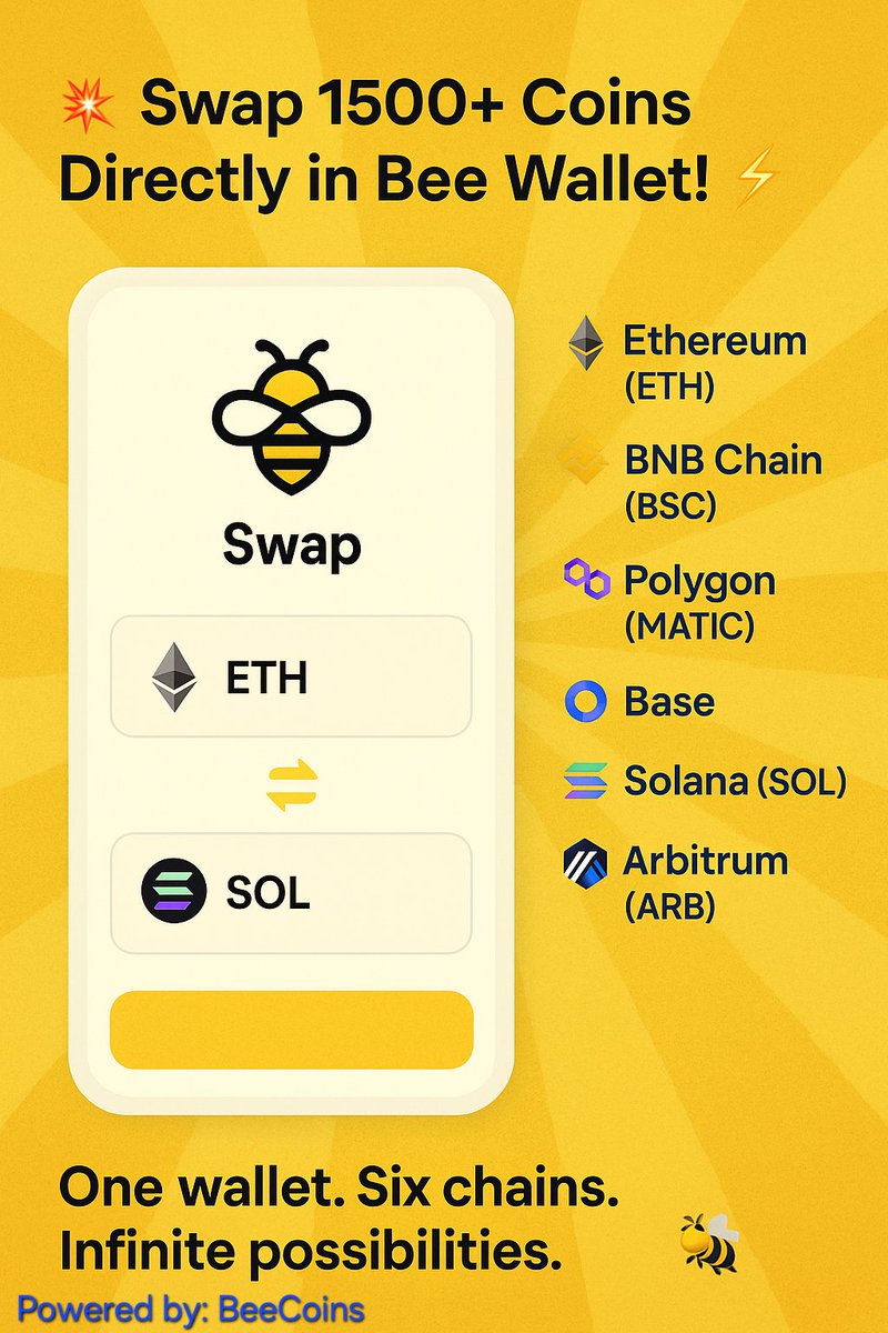 bee_coins's tweet photo. π Swap 1500+ Coins in Bee Wallet!
Now you can swap over 1,500 cryptocurrencies across six major blockchains β
Ethereum, BNB Chain, Polygon, Base, Solana, Arbitrum.
Fast β‘ | Secure π | Multi-chain π
One wallet. Endless possibilities. π
@Beenetworkintl #BeeWallet #Web3 #DeFi https://t.co/grPJPpuXpC