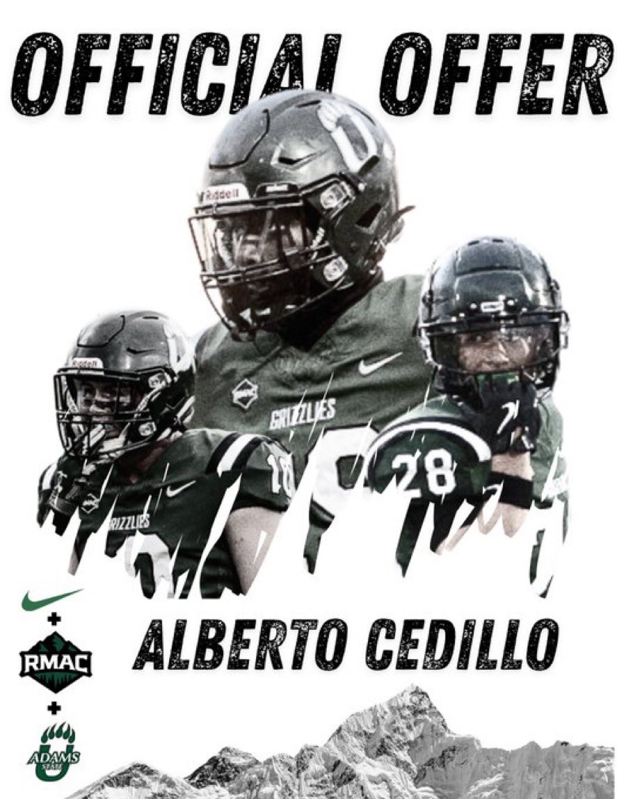 After an amazing phone call with Coach <a href="/CoachKyser/">Chase Kyser</a> I’ve been blessed to receive an offer to continue my academic and athletic career at Adam’s State University! 
<a href="/asugrizzliesfb/">Adams State Football</a> <a href="/CoachOBrien/">Robert O'Brien</a> <a href="/CShafferCoach/">Cole Shaffer</a> <a href="/CoachJimmyZech/">Jimmy Zechmann</a> <a href="/BroomfieldFtbl/">Broomfield Eagles Football</a>