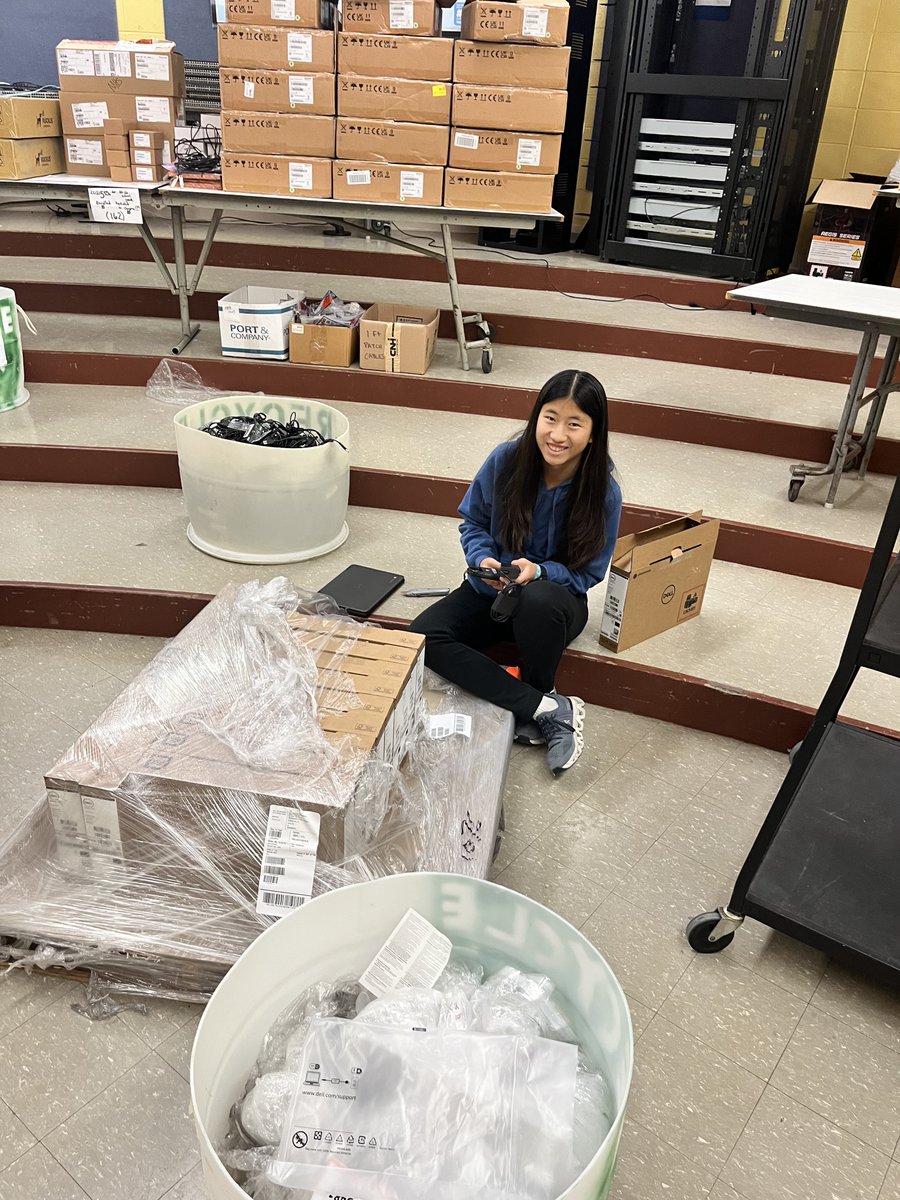 We received 150 new Dell touchscreen Chromebooks for next year's first-grade students! Unbox, label, enroll, wrap chargers, and run Google updates! We refresh the devices for 1st, 5th, and 9th grades every year!