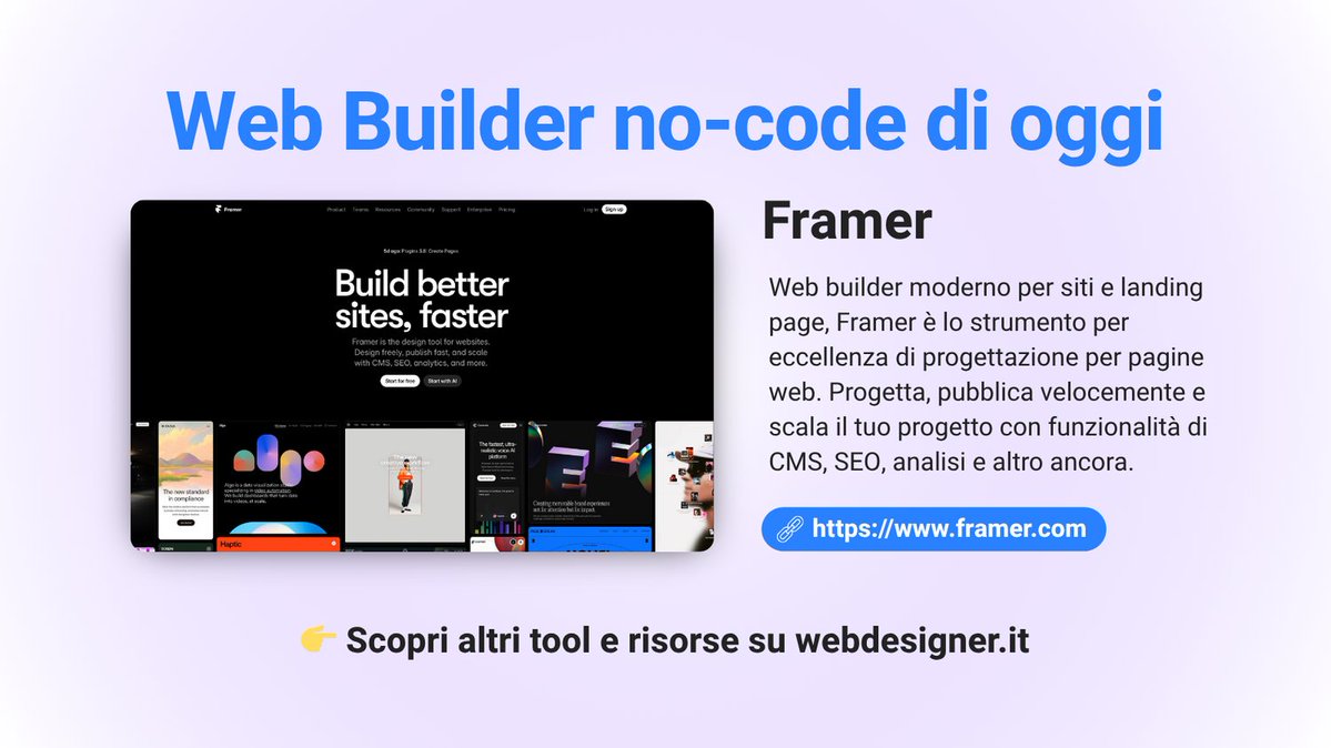 's tweet image. Web Builder no-code di oggi

Framer
Web builder moderno per siti e landing page, Framer è lo strumento per eccellenza di progettazione per pagine web. 

🔗 Scopri la lista completa su webdesigner.it

#webdesign #nocode #uxdesign #webbuilder #webdesignerit #digitaltools
