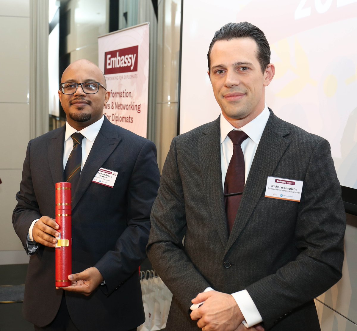 EmbassyMagazine's tweet photo. The Consul of the Year for Africa goes to Mohamed Osama of the Embassy of Sudan for his outstanding consular service, especially to Sudanese citizens in dire need affected by the conflict in Sudan. Presented by Nicholas Umpleby of @RowlandBrosIntn https://t.co/Tp80cfNYRE