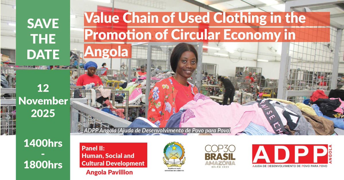 🌍 Thrilled to share that Evaristo Waya of ADPP Angola will speak at #COP30 in Belém, Brasil!
 What questions do you have for Evaristo?
🔗 Details: bit.ly/4hGY5wA
@COP30belembrasil #COP30Belem #ClimateAction #CircularEconomy #GlobalSouth